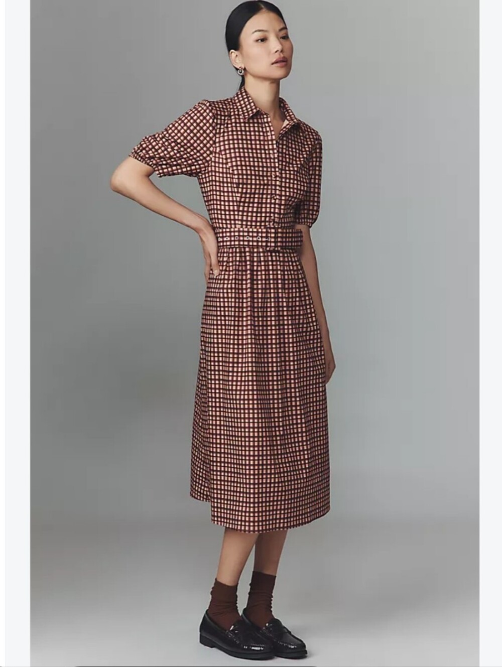Anthropologie Hutch Parker Dress Checked Midi Shirt Belt Brown Pink MP